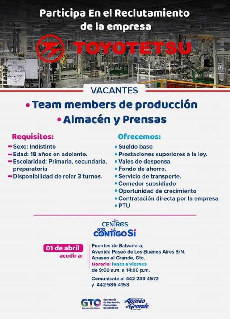 ¿Buscas empleo en Apaseo el Grande? Toyotetsu de México lanza vacantes ...